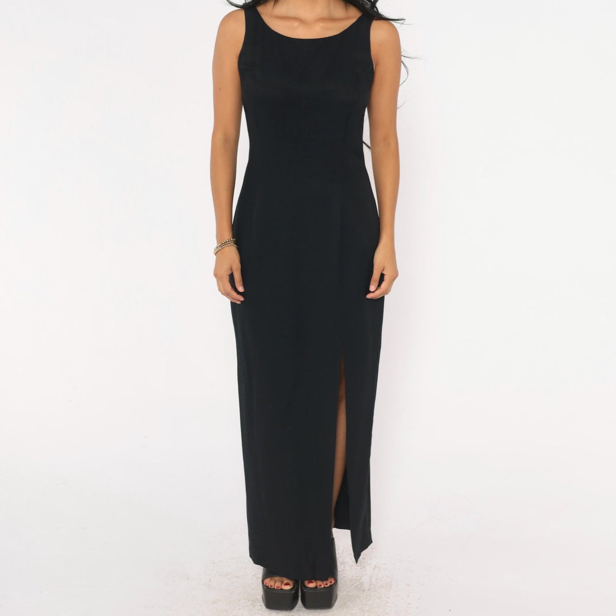 90s Gunne Sax Black Maxi Dress Sleeveless Scoop Neck Cutout Back Small S