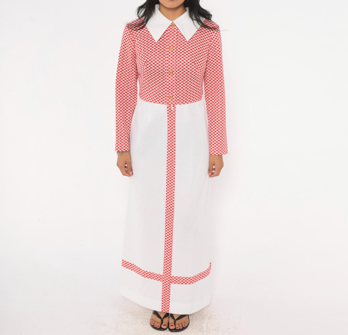 70s Miss Donna Gingham Maxi Dress Red White Check Pointed Collar Small