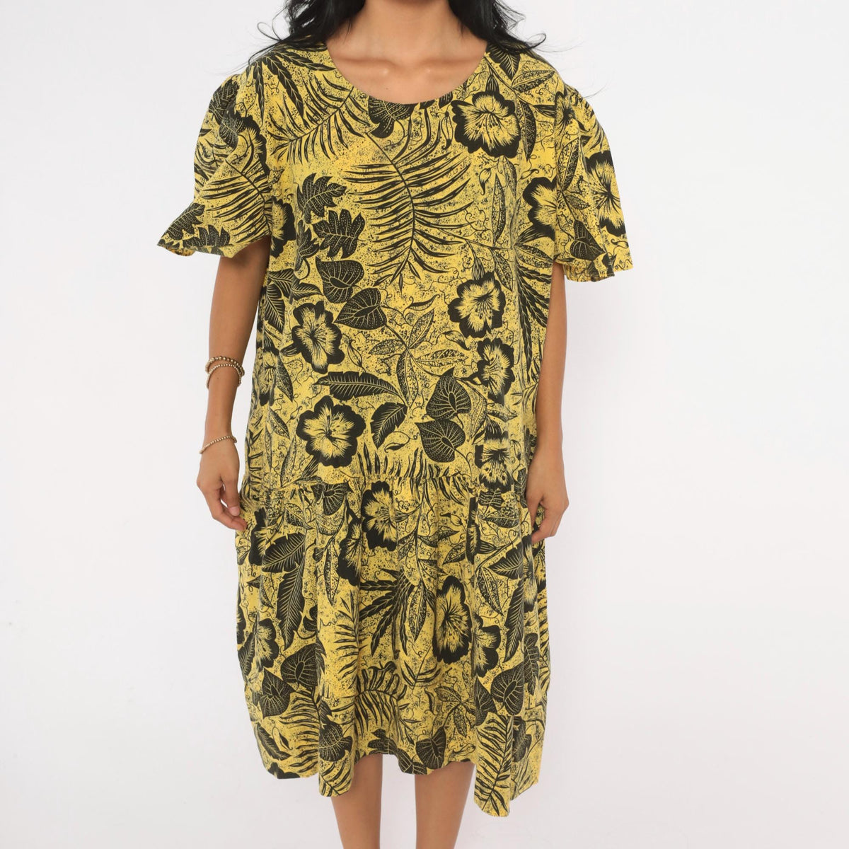 80s Yellow Black Hibiscus Tropical Floral Cotton Dress Flutter Sleeve Extra Large