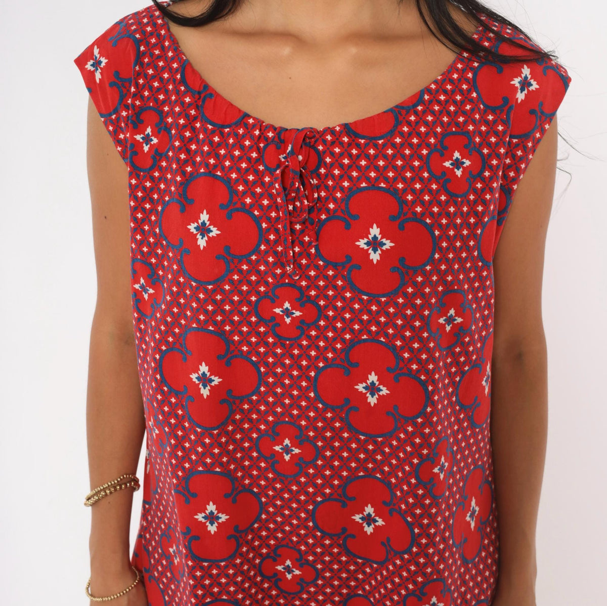 80s Red Floral Cotton Sundress Cobalt Geometric Print Drop Waist Cap Sleeve Large