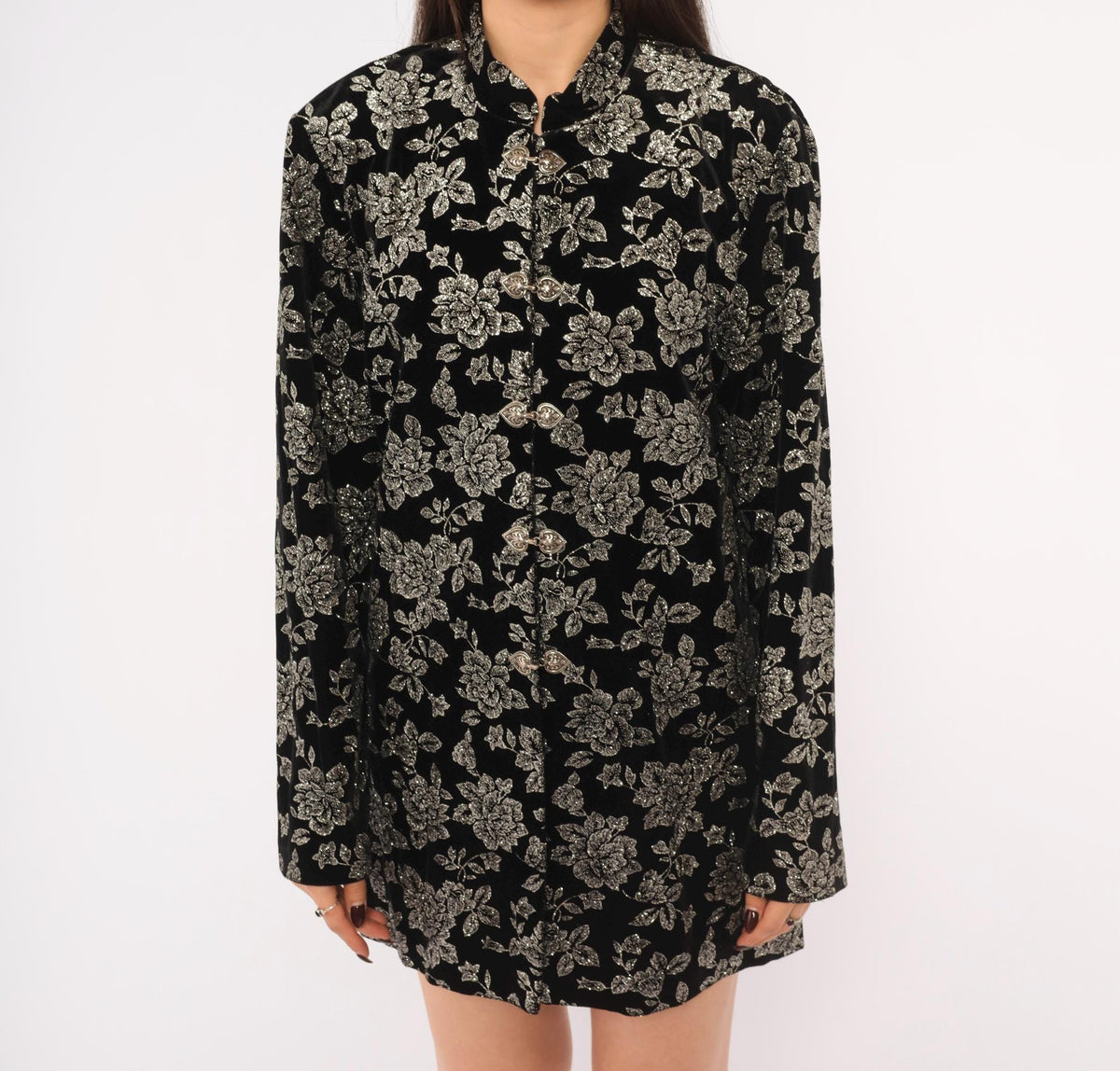 90s Black Velvet Jacket Silver Glitter Floral Mandarin Collar Large L