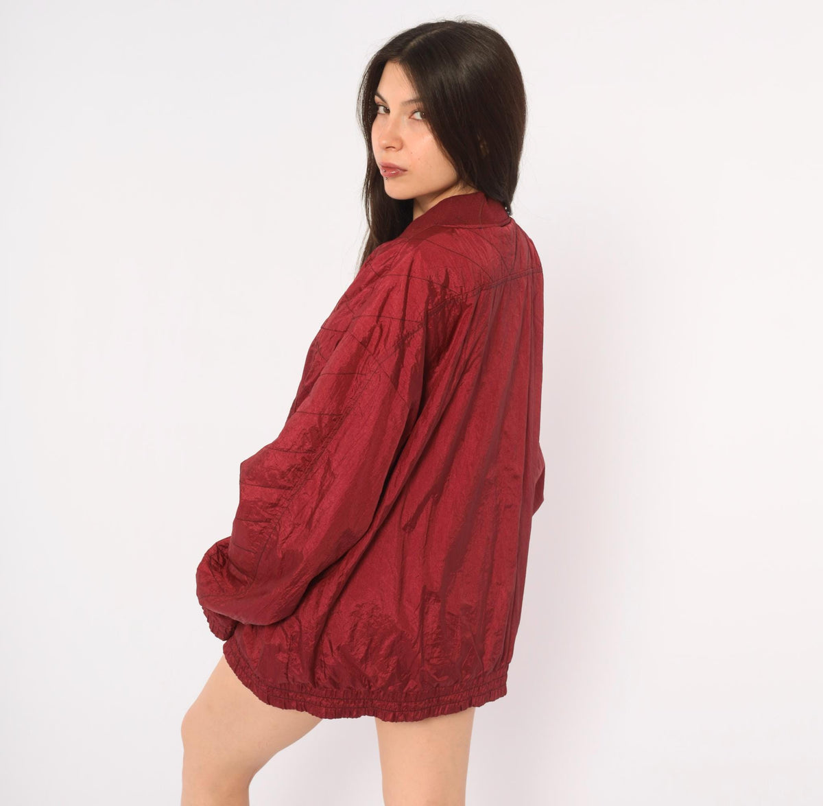 80s Burgundy Bomber Jacket Nylon Windbreaker Snap Collar Lined Large L