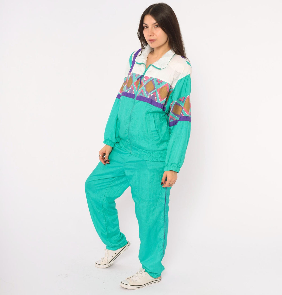 90s PS Sport Teal Tracksuit Set Windbreaker Jacket Jogger Pants Geometric Diamond Print Small