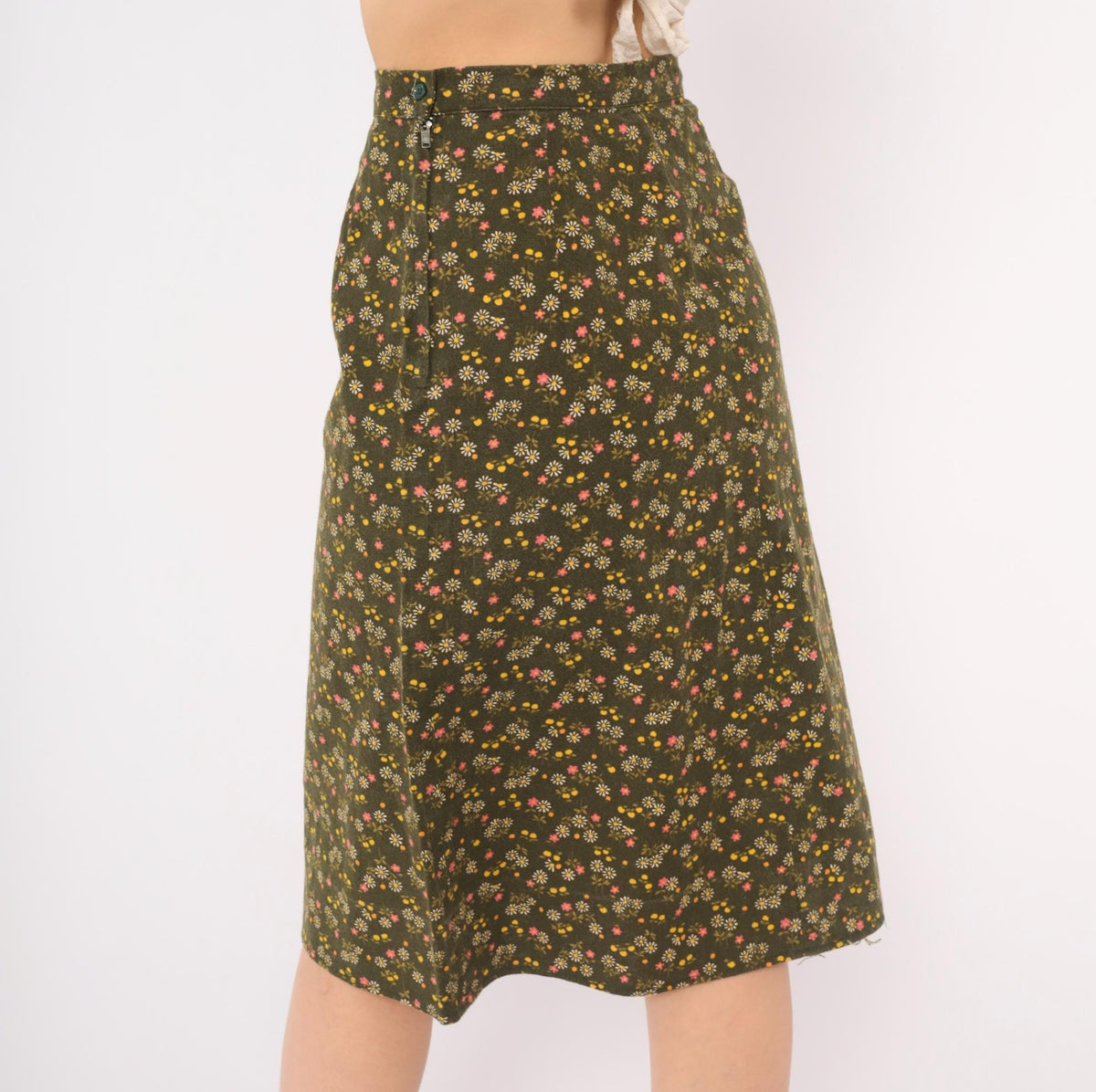 70s Olive Green Ditsy Floral A-Line Skirt High Waist Prairie Extra Small XS