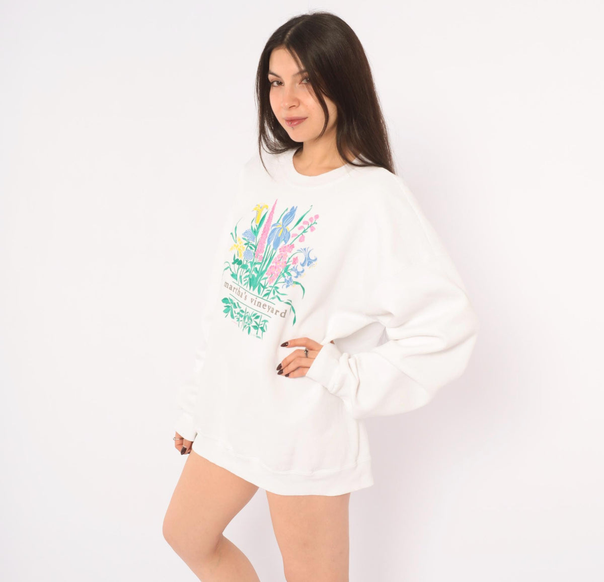 90s Lee Martha's Vineyard Floral Sweatshirt White Wildflower Graphic Large