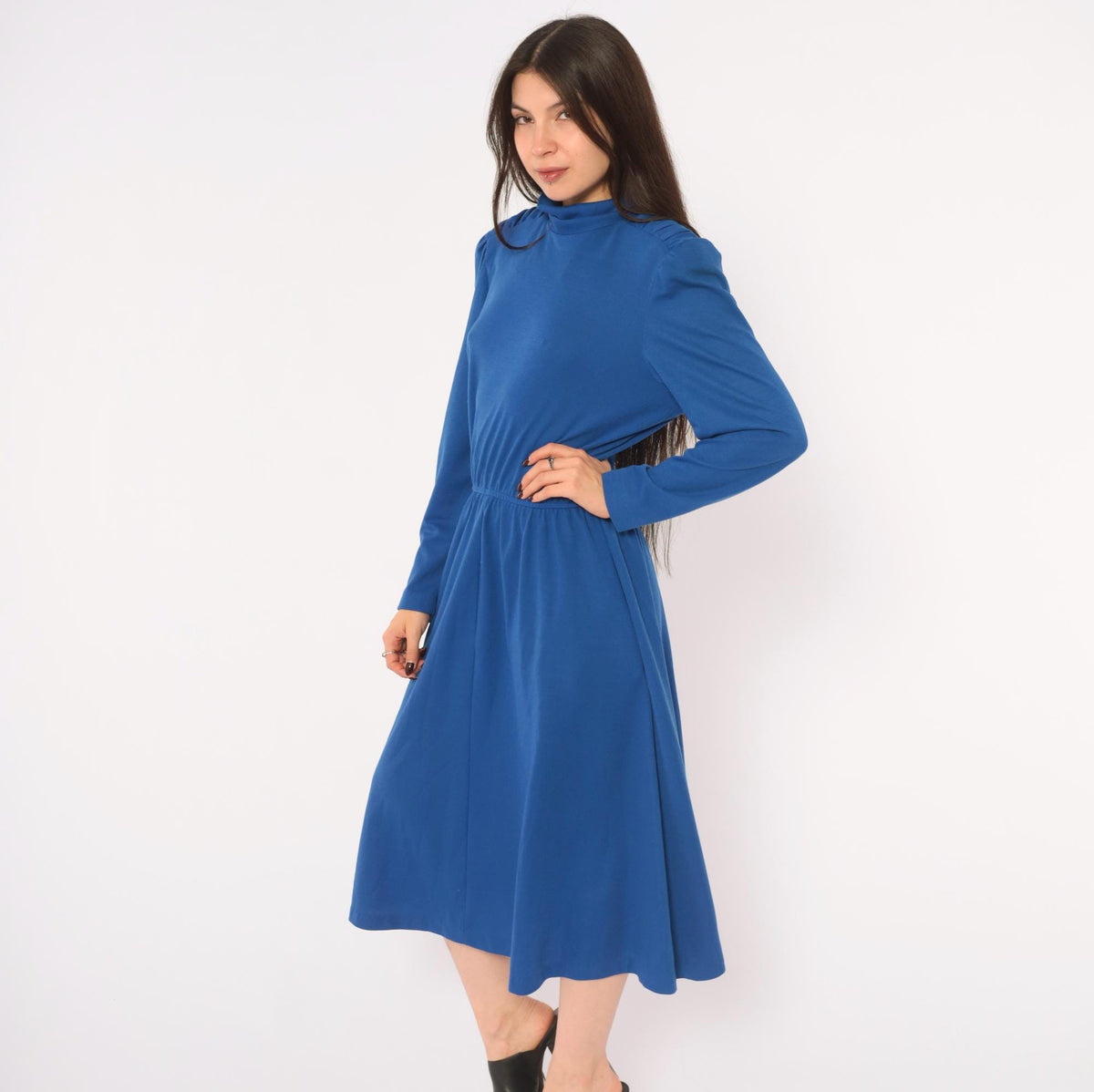 80s Cobalt Midi Dress Puff Shoulder Mock Neck A-Line Pockets Royal Blue Medium M