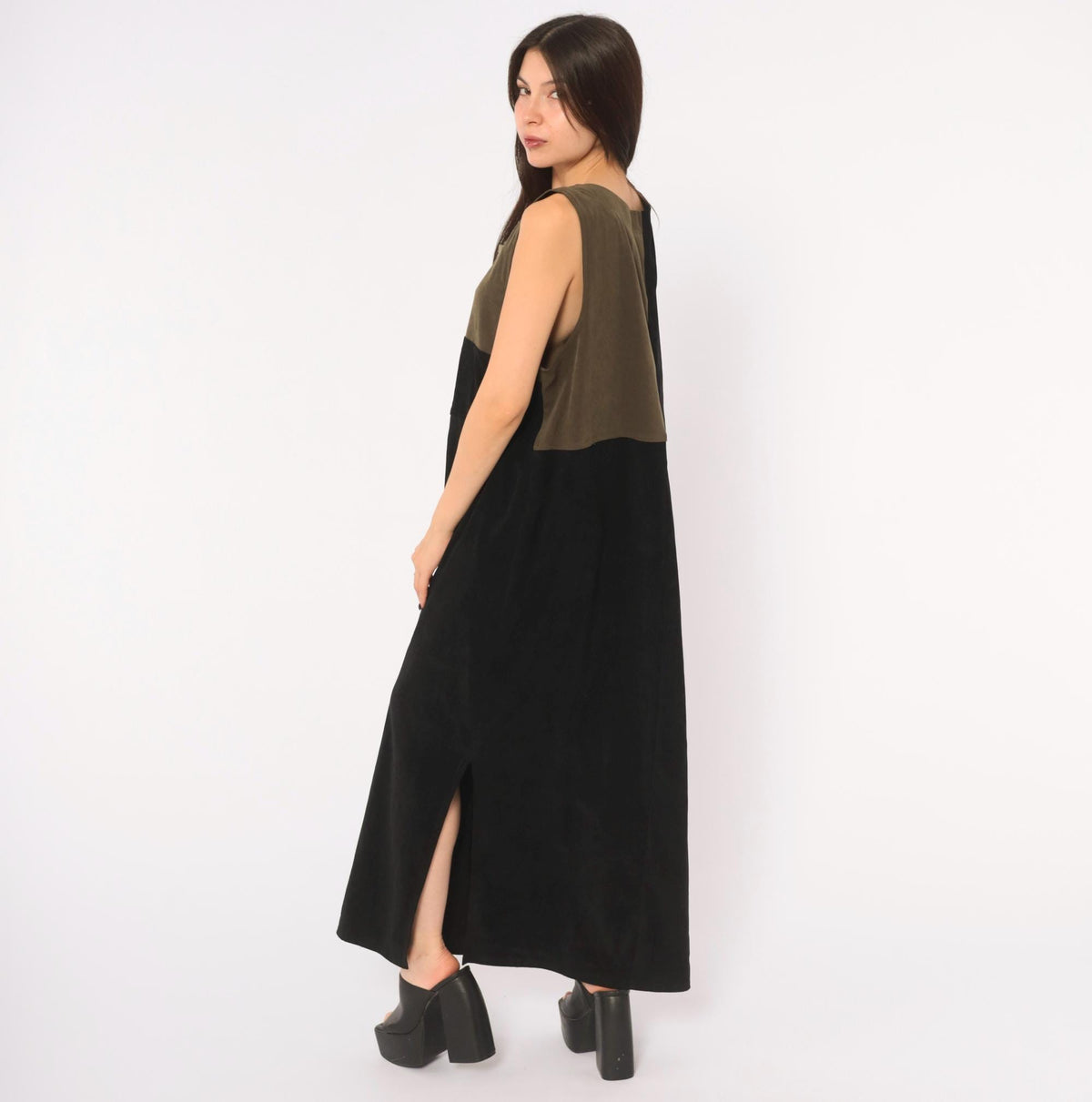 80s Jaclyn Smith Black Olive Color Block Maxi Dress Leaf Applique Extra Large XXL