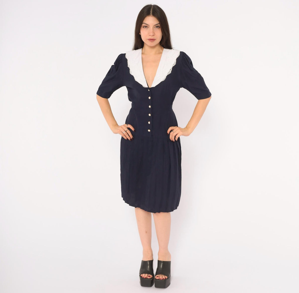 90s Navy Lace Collar Dress White Pearl Buttons Puff Sleeve Pleated Skirt Small