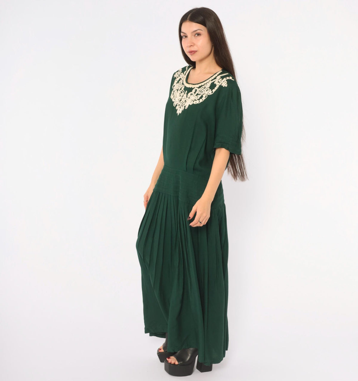 90s Plaza South Forest Green Maxi Dress Embroidered Floral Drop Waist Extra Large