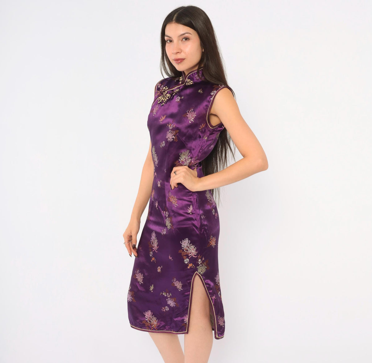 Y2K Purple Cheongsam Dress Floral Brocade Mandarin Collar Frog Button XS
