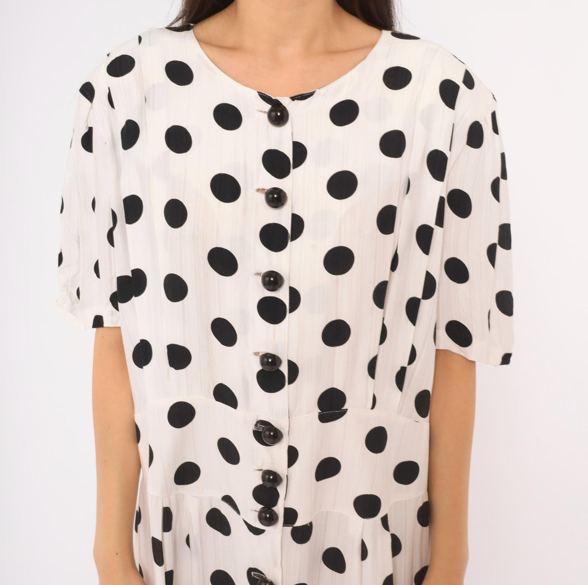 90s Success Dress Polka Dot White Black Button Front Knee Dress Extra Large