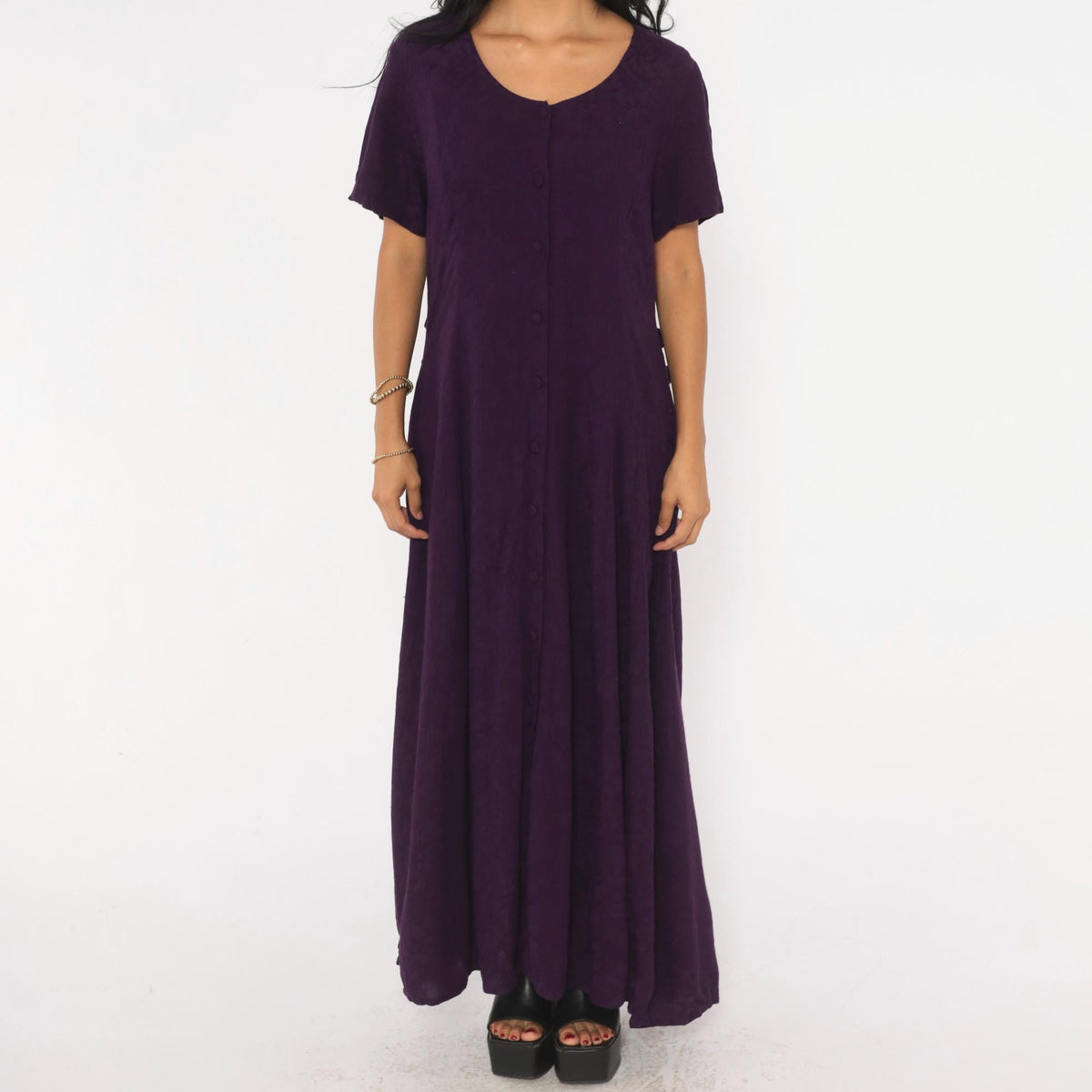 90s Dress Barn Purple Maxi Dress Button Front A-Line Short Sleeve Extra Large
