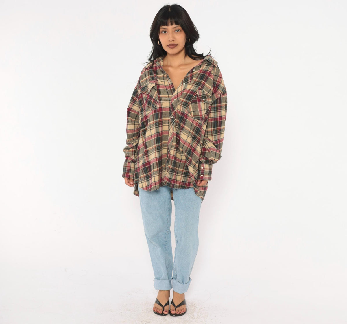 90s Plaid Flannel Shirt Tan Burgundy Pearl Snap Western Yoke Extra Large XXL