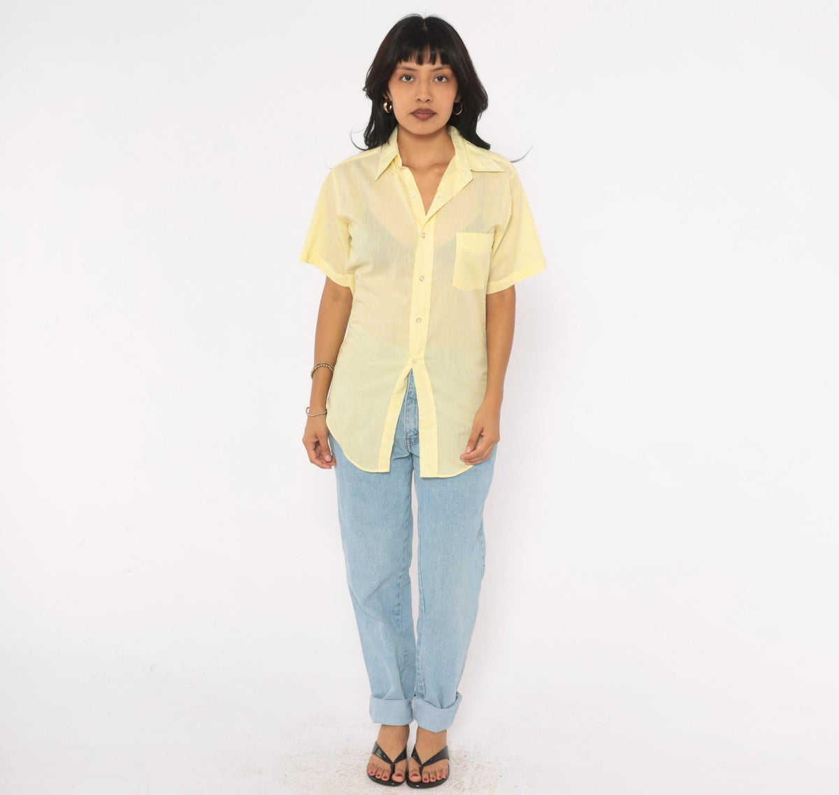 70s Yellow Cotton Button Up Shirt Short Sleeve Pointed Collar Chest Pocket Extra Small XS