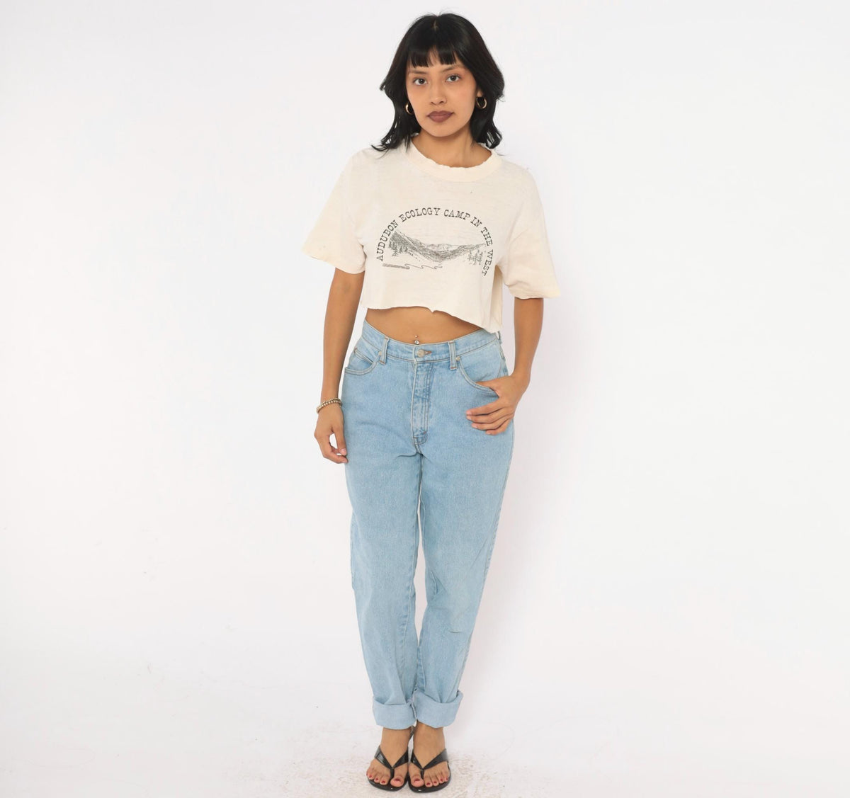 90s Audubon Ecology Camp Mountain Pine Tree Graphic Crop Top Cream Small
