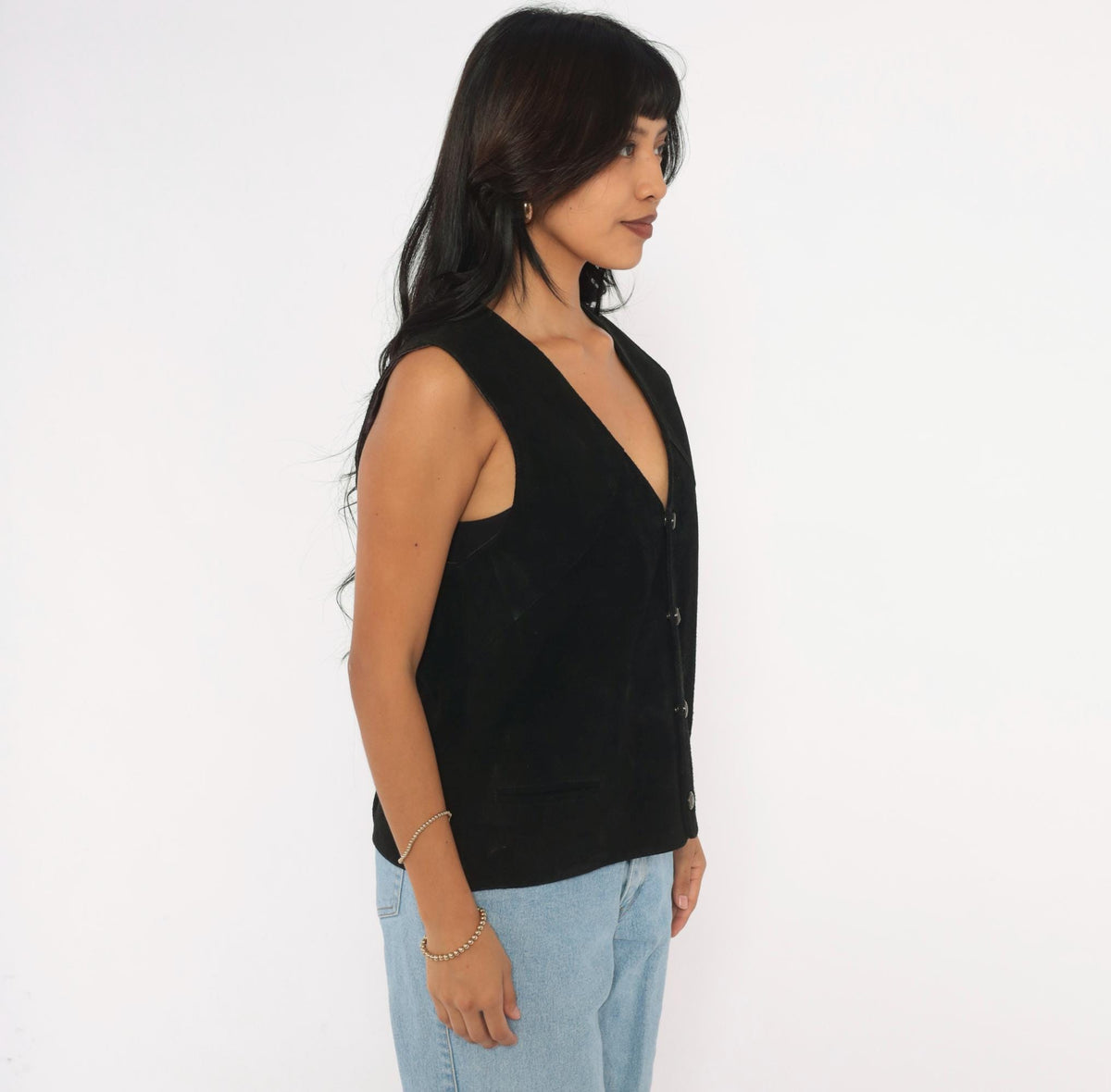 90s Black Suede Vest Deep V Snap Button Western Waistcoat Medium M
