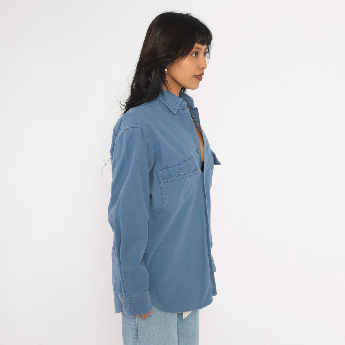90s L.L.Bean Slate Blue Cotton Work Shirt Chest Pocket Collared Medium
