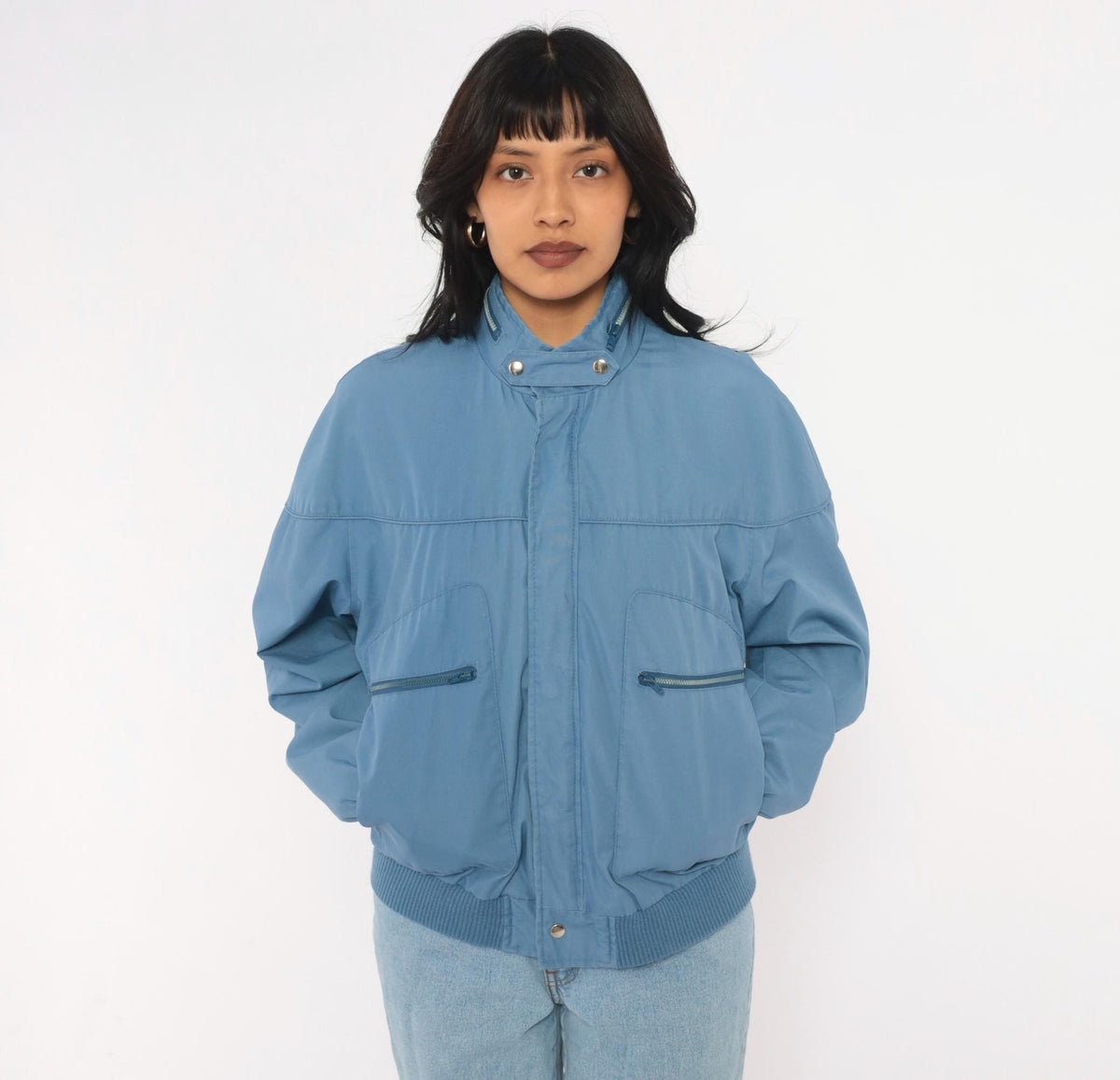 80s Crossings Bomber Jacket Slate Blue Dolman Sleeve Zip Front Medium