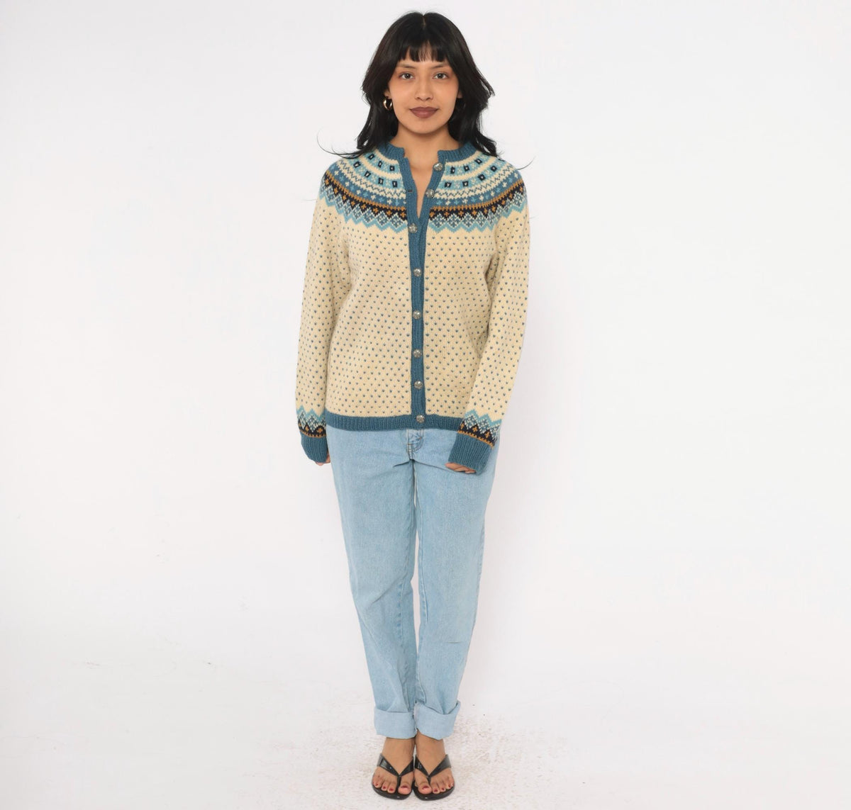 70s Norsk Husflid Fair Isle Wool Cardigan Blue Cream Nordic Knit Small