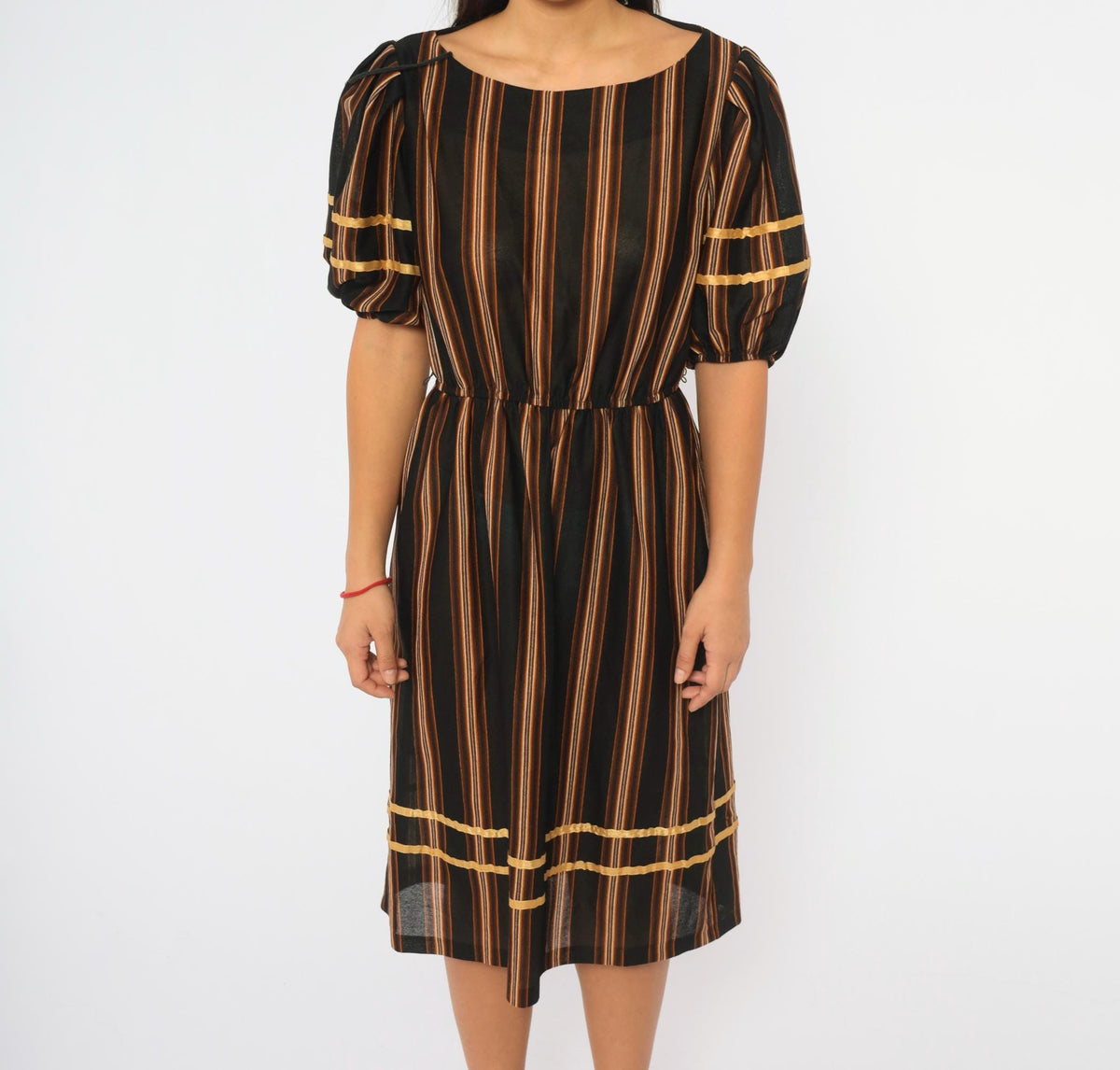 80s Jane Baar Striped Dress Puff Sleeve Gold Ribbon Trim Knee Length Small