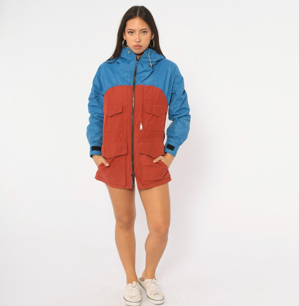 80s Jansport Hooded Windbreaker Cobalt Blue Rust Color Block Small
