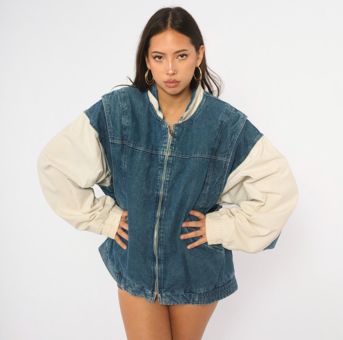 90s Dash Denim Bomber Jacket Blue Cream Color Block Dolman Large