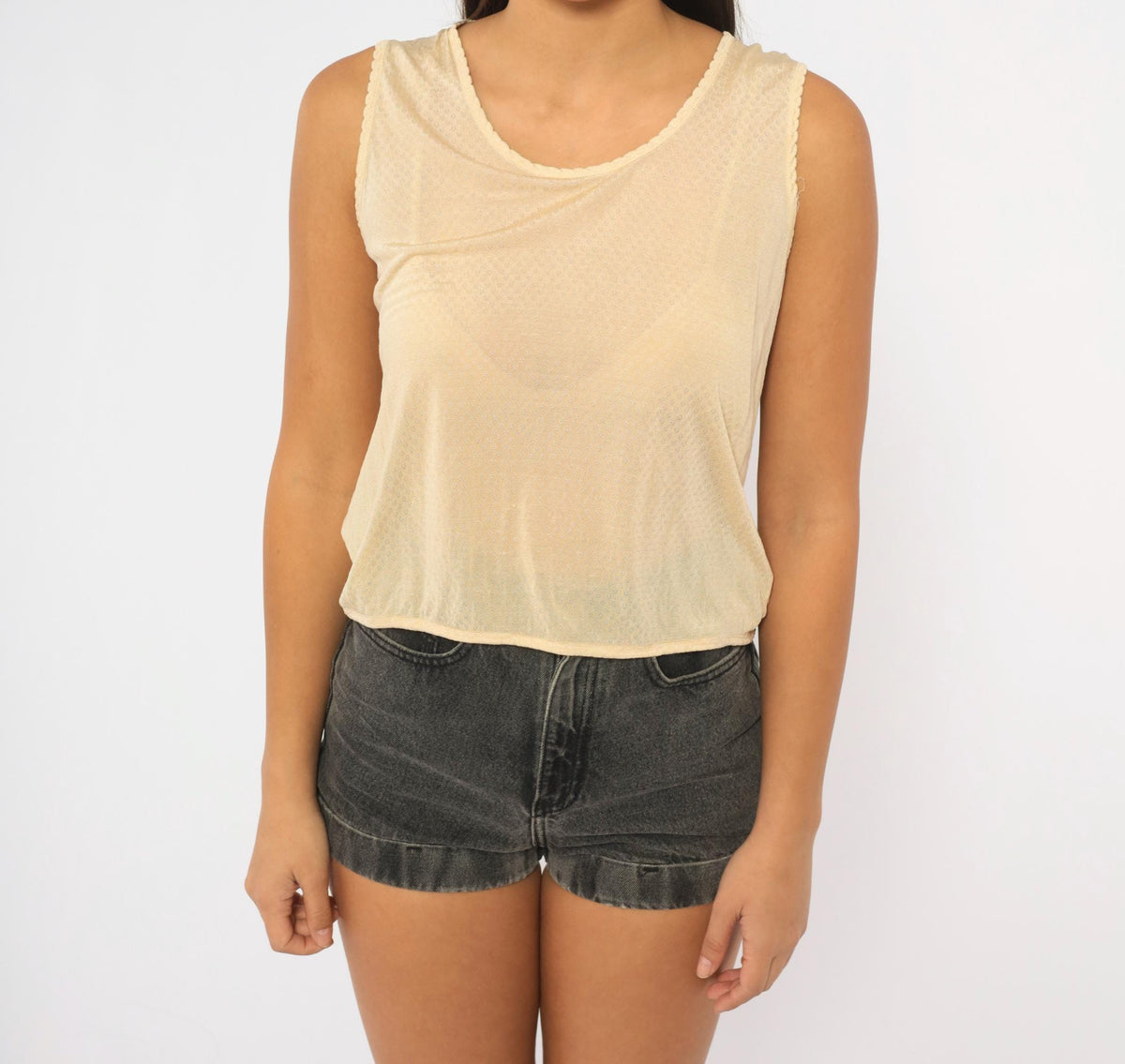 80s L.L.Bean Cream Silk Tank Top Pointelle Knit Scalloped Scoop Neck Small