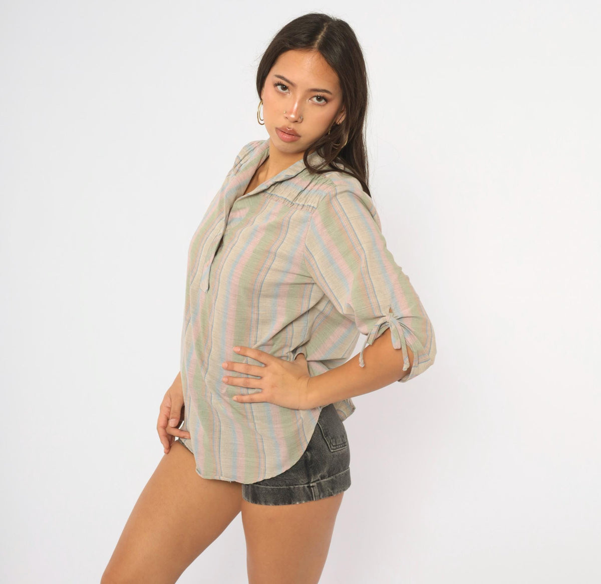 80s Caribou Pastel Striped Cotton Blouse Tie Sleeve Collared V Neck Large L