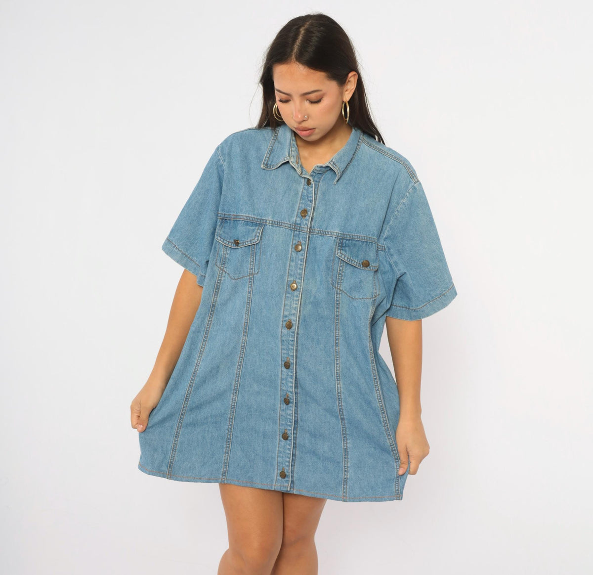 90s Switch II Denim Shirt Light Wash Cotton Short Sleeve Plus Size XXL