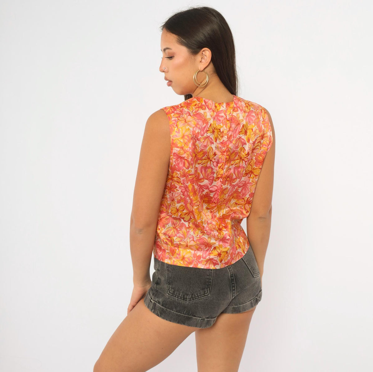 60s Butterfly Floral Sleeveless Blouse White Orange Pink Crew Neck Small