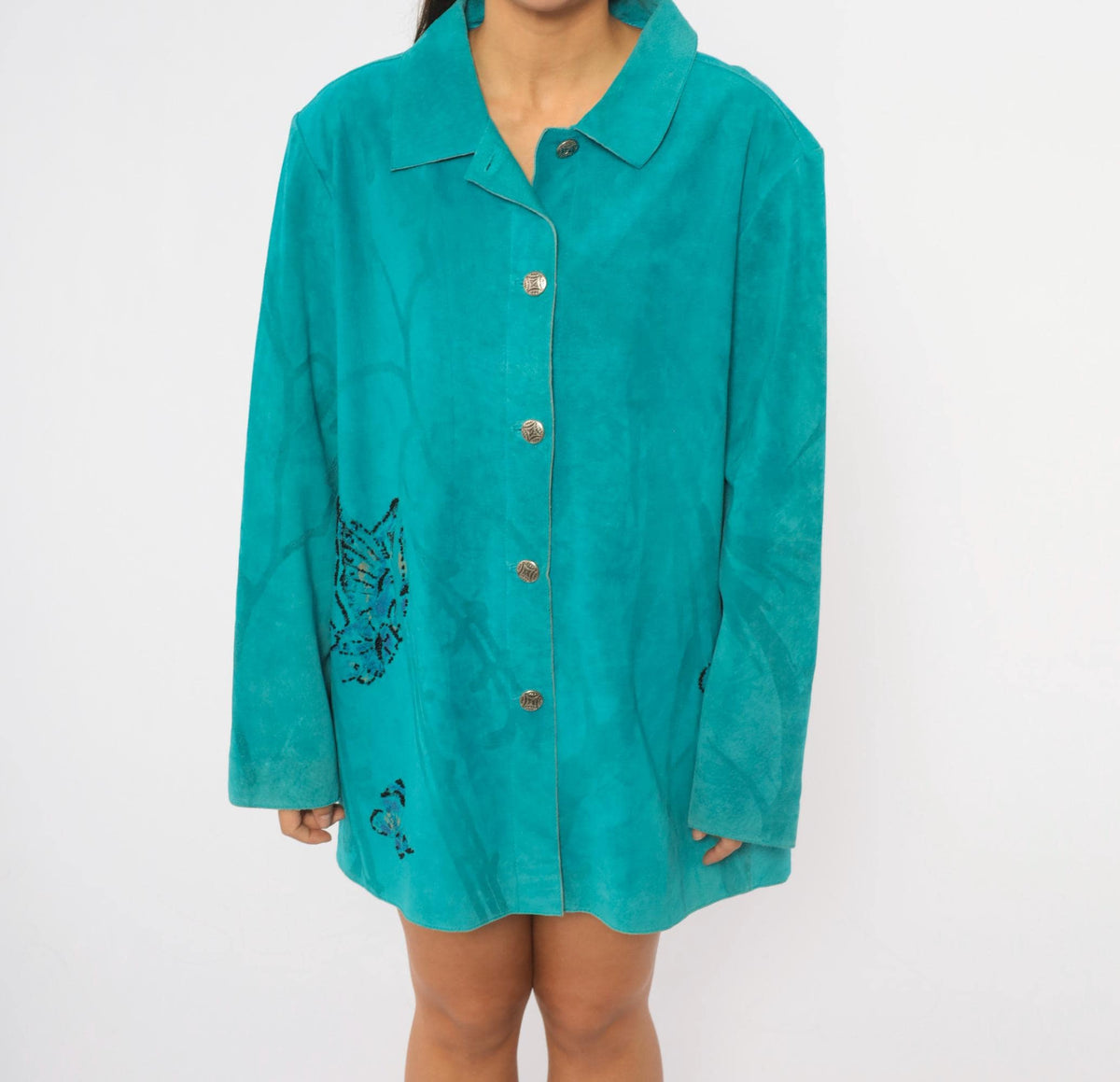 90s Chicos Turquoise Suede Jacket Beaded Butterfly Painted Back Large L