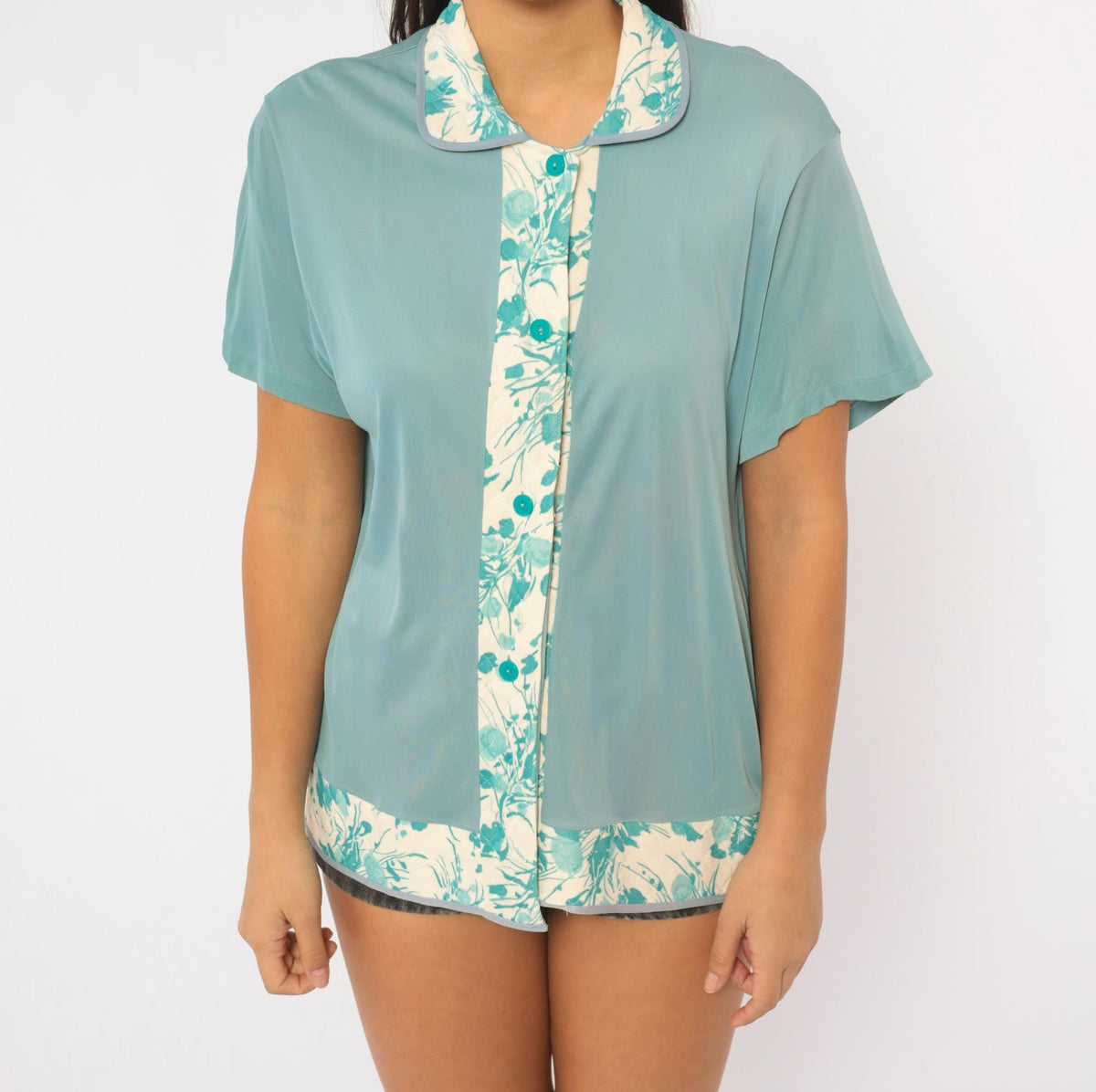 70s Binstron Blue Floral Blouse Peter Pan Collar Button Front Medium