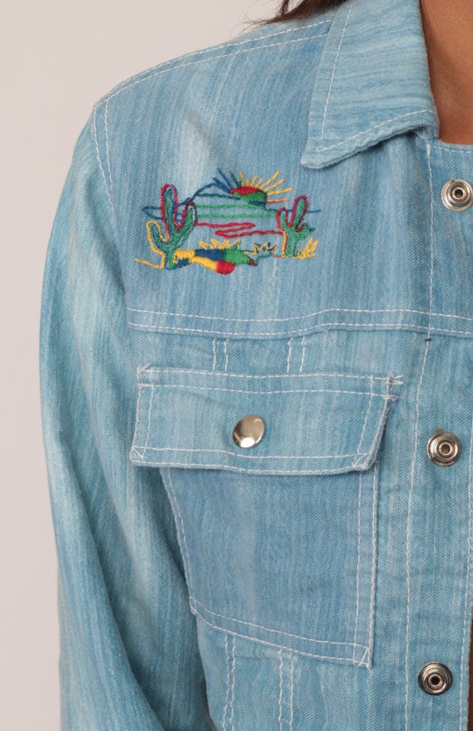70s Embroidered Cactus Denim Jacket Blue Jean Jacket Extra Small
