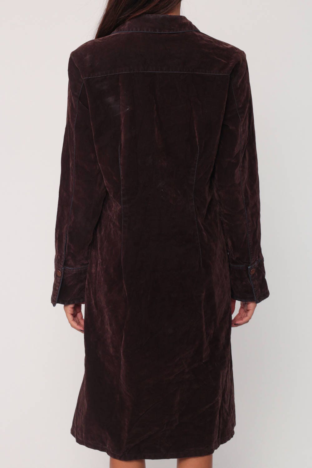 90s Brown Velvet Mini Dress Long Sleeve Button-Up Small