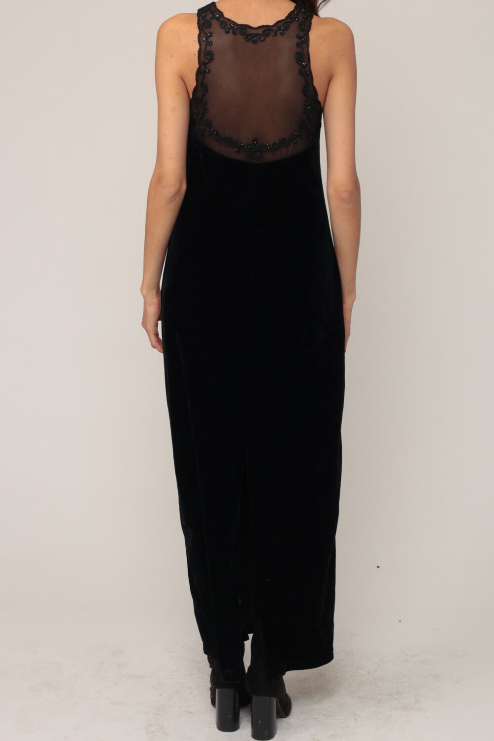 90s Black Velvet Maxi Dress Sequin Mesh Neckline Bodycon Small Medium