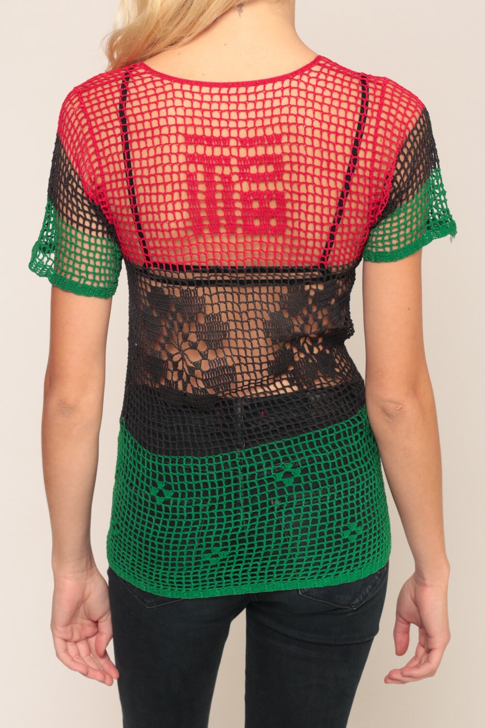 90s Crochet Mesh Floral Sheer Blouse Short Sleeve Red Black Green Extra Small