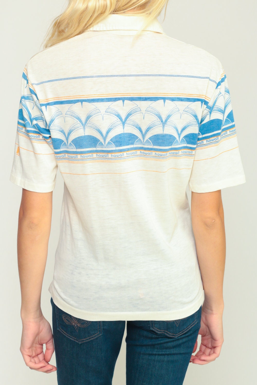 70s Striped Hawaii Polo Shirt Burnout Distressed Pointed Collar Small