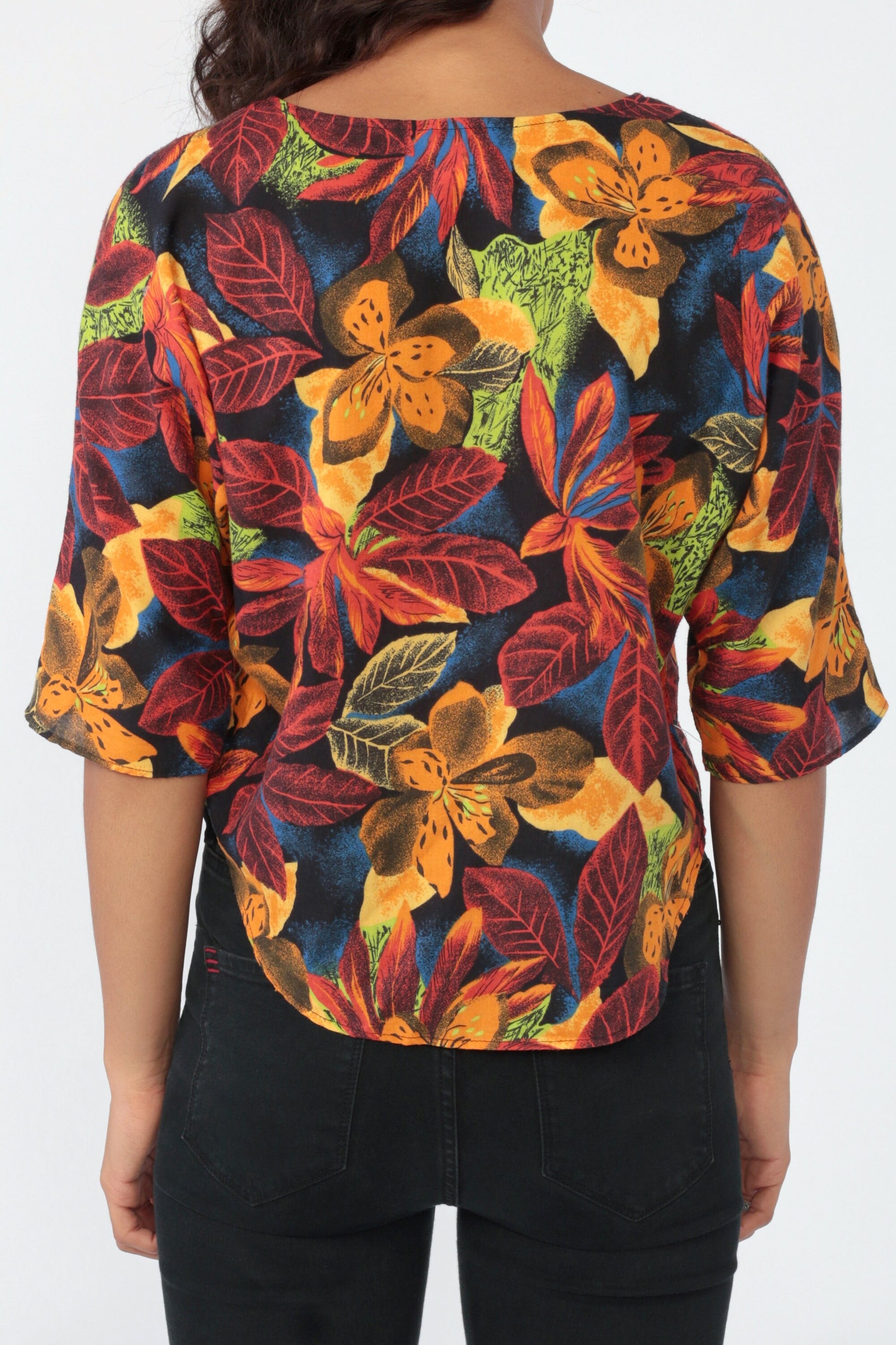 80s Tropical Floral Button-Up Blouse 3/4 Sleeve Crop Top Small Medium