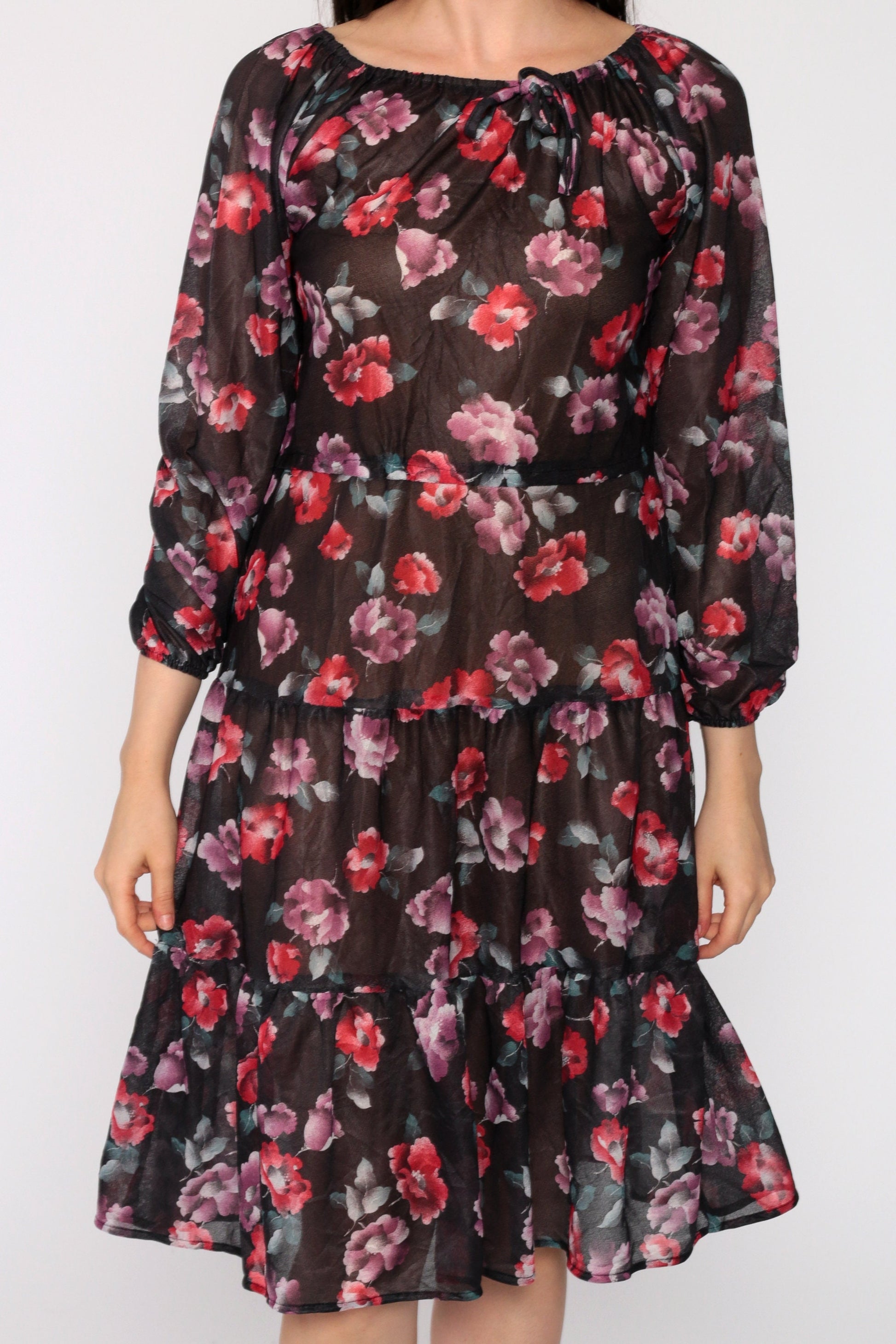70s Floral Print Midi Dress Tiered Sheer Black High Waist Small