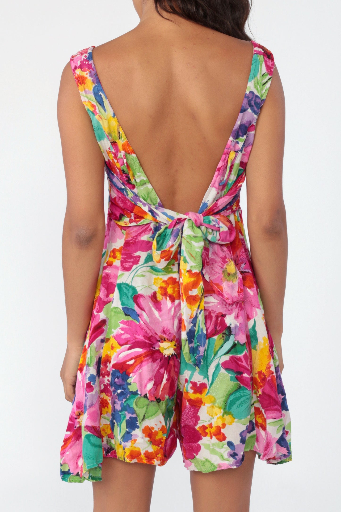 80s Tropical Floral Romper Playsuit Low Back Lace Up Sleeveless Small Medium