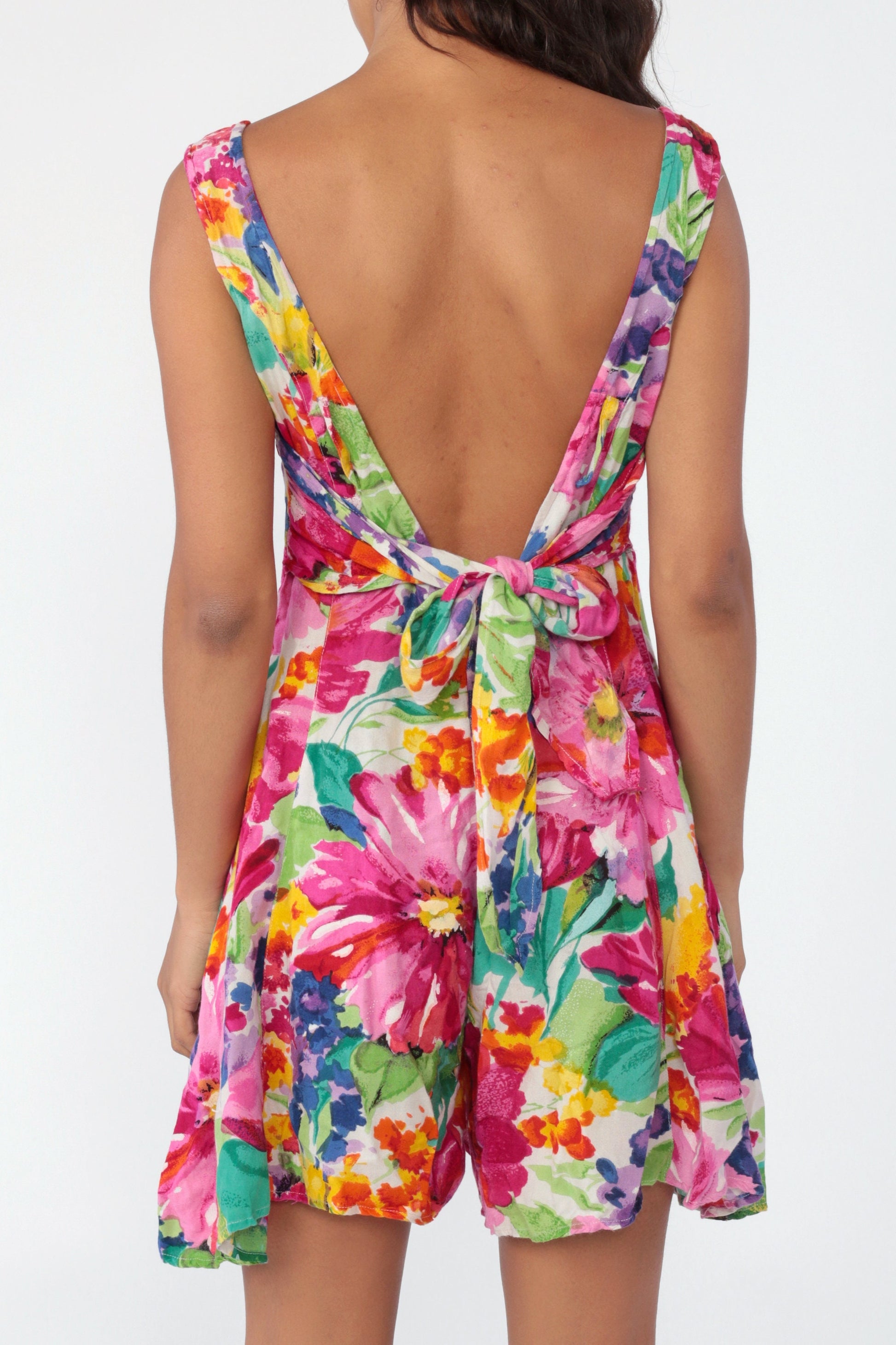 80s Tropical Floral Romper Playsuit Low Back Lace Up Sleeveless Small Medium