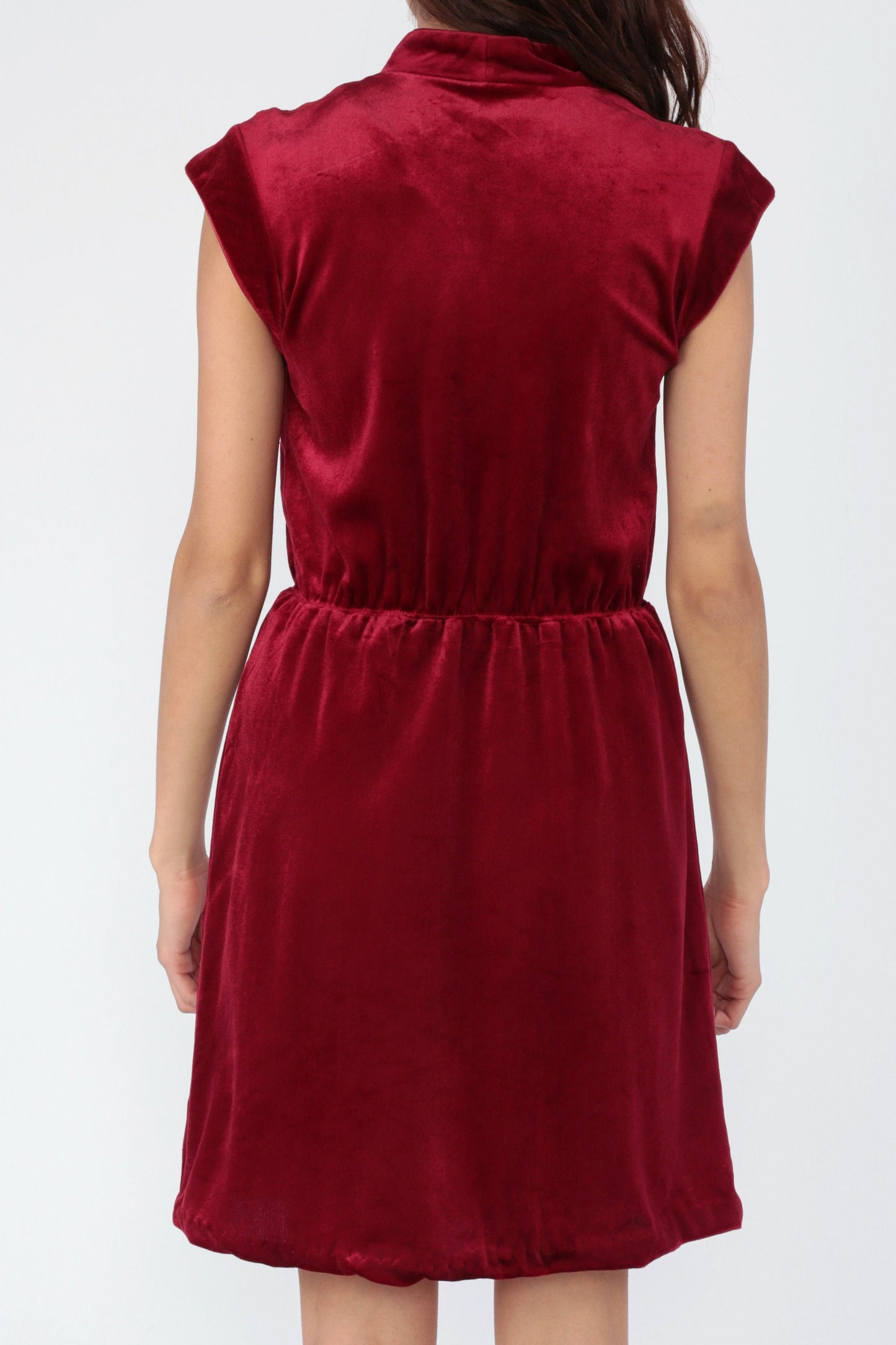 70s Dark Red Velvet Mini Dress Cap Sleeve High Waist Small Medium