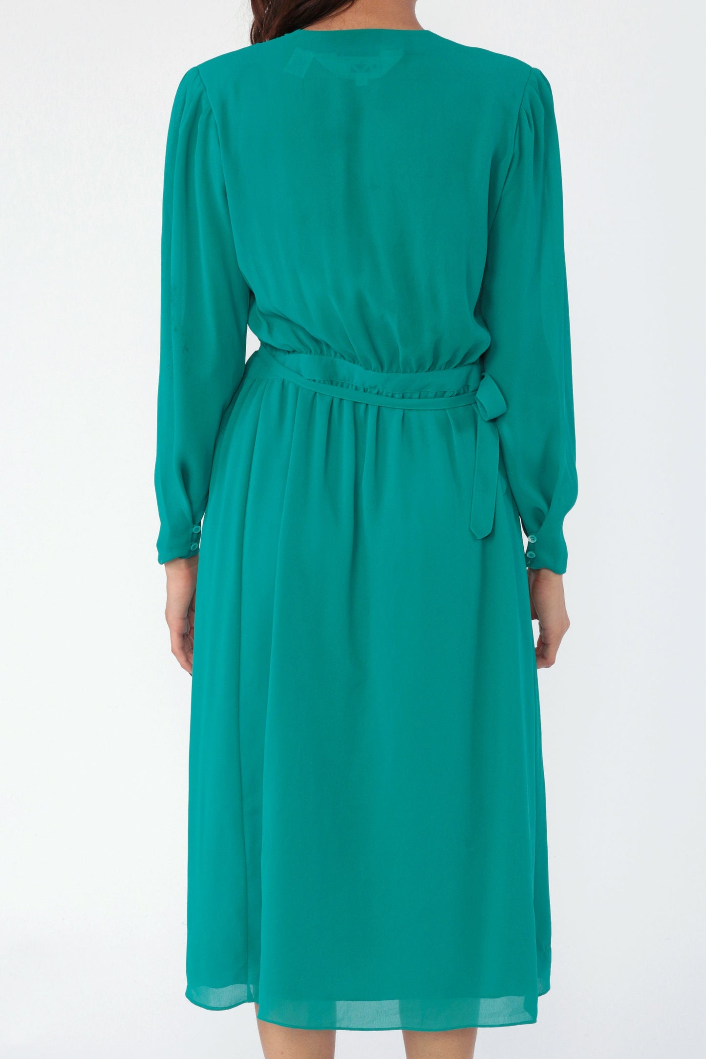 70s Teal Wrap Dress Deep V Neck Puff Sleeve High Waist Midi Small
