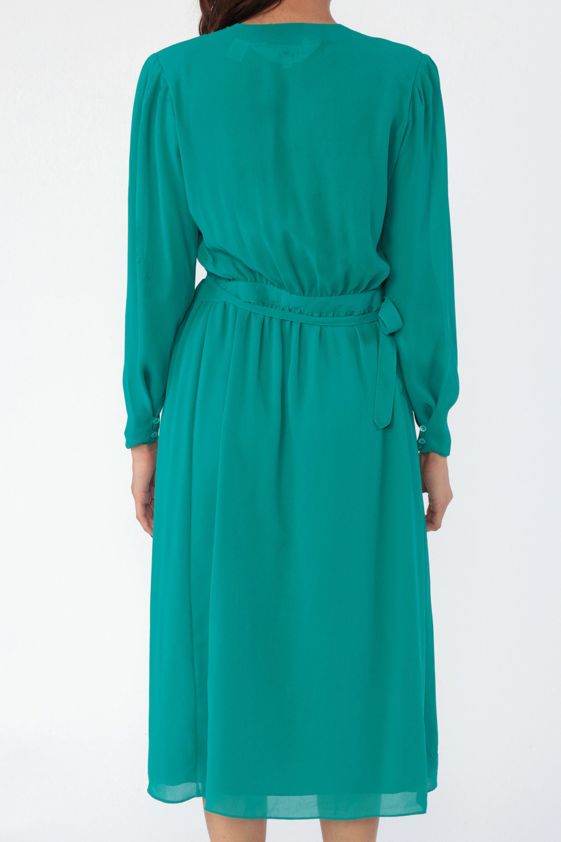 70s Teal Wrap Dress Deep V Neck Puff Sleeve High Waist Midi Small