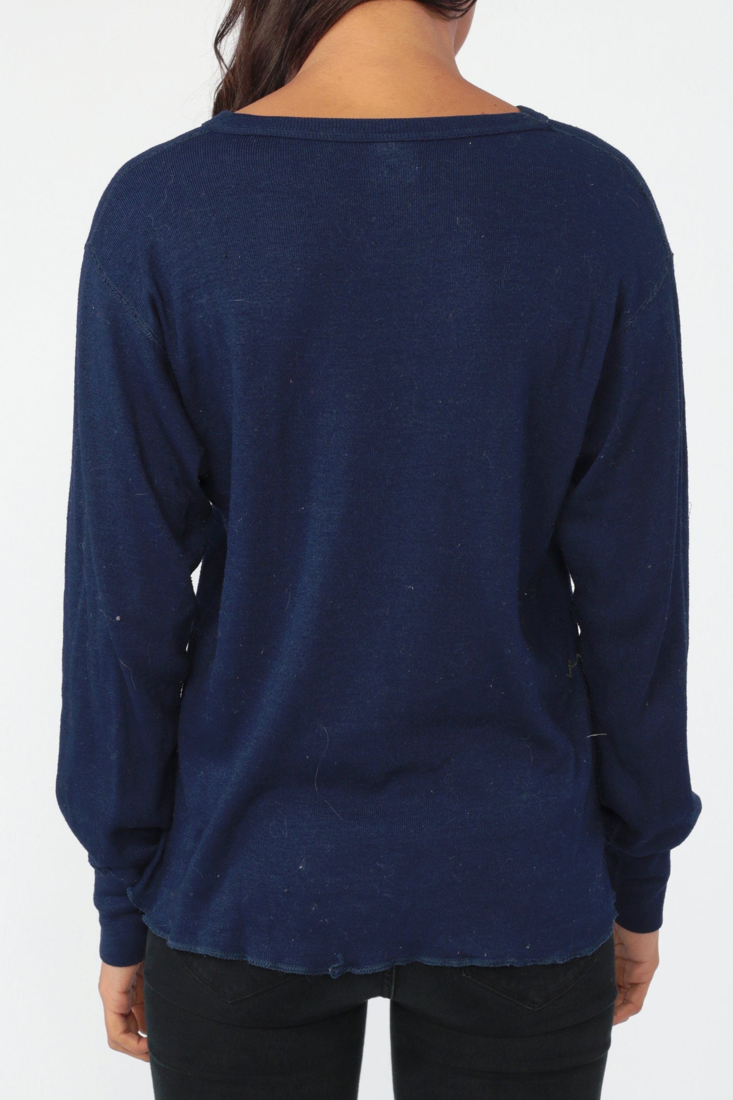 80s Navy Long Sleeve Athletic Shirt Polypropylene Stretchy Knit Extra Large XL