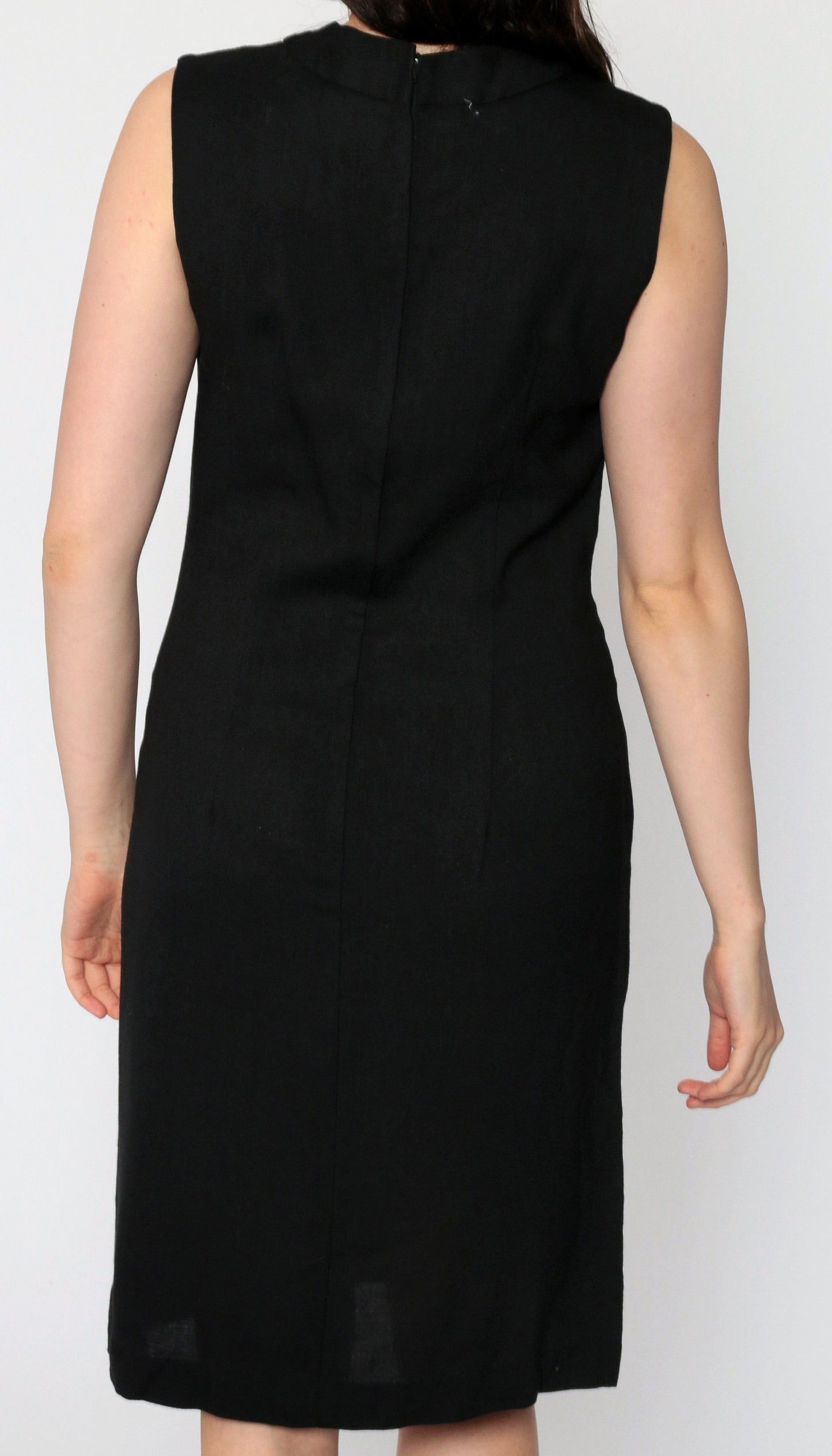 60s Black Linen Shift Dress Mini Length Sleeveless Button Neck Small