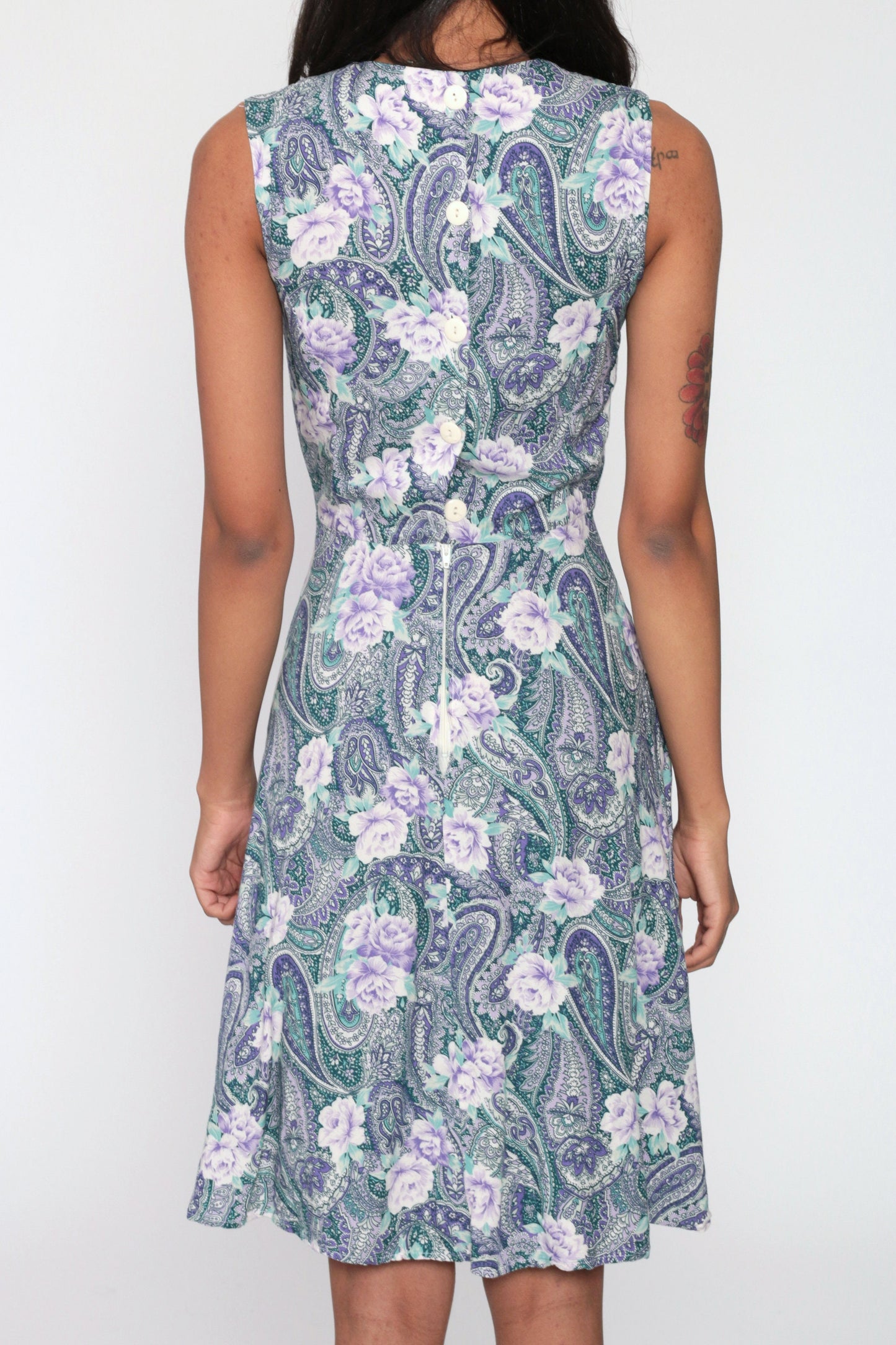 1970s Floral Paisley Button-Back Dress High Waist Midi Pockets Blue Extra Small