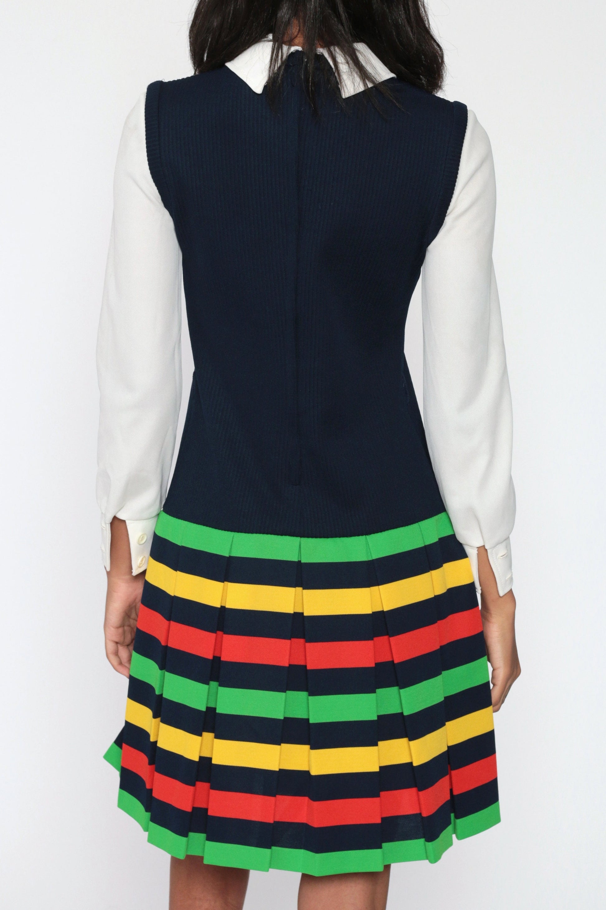 60s Mod Shift Dress Blue Striped Pleated Drop Waist Mini Small