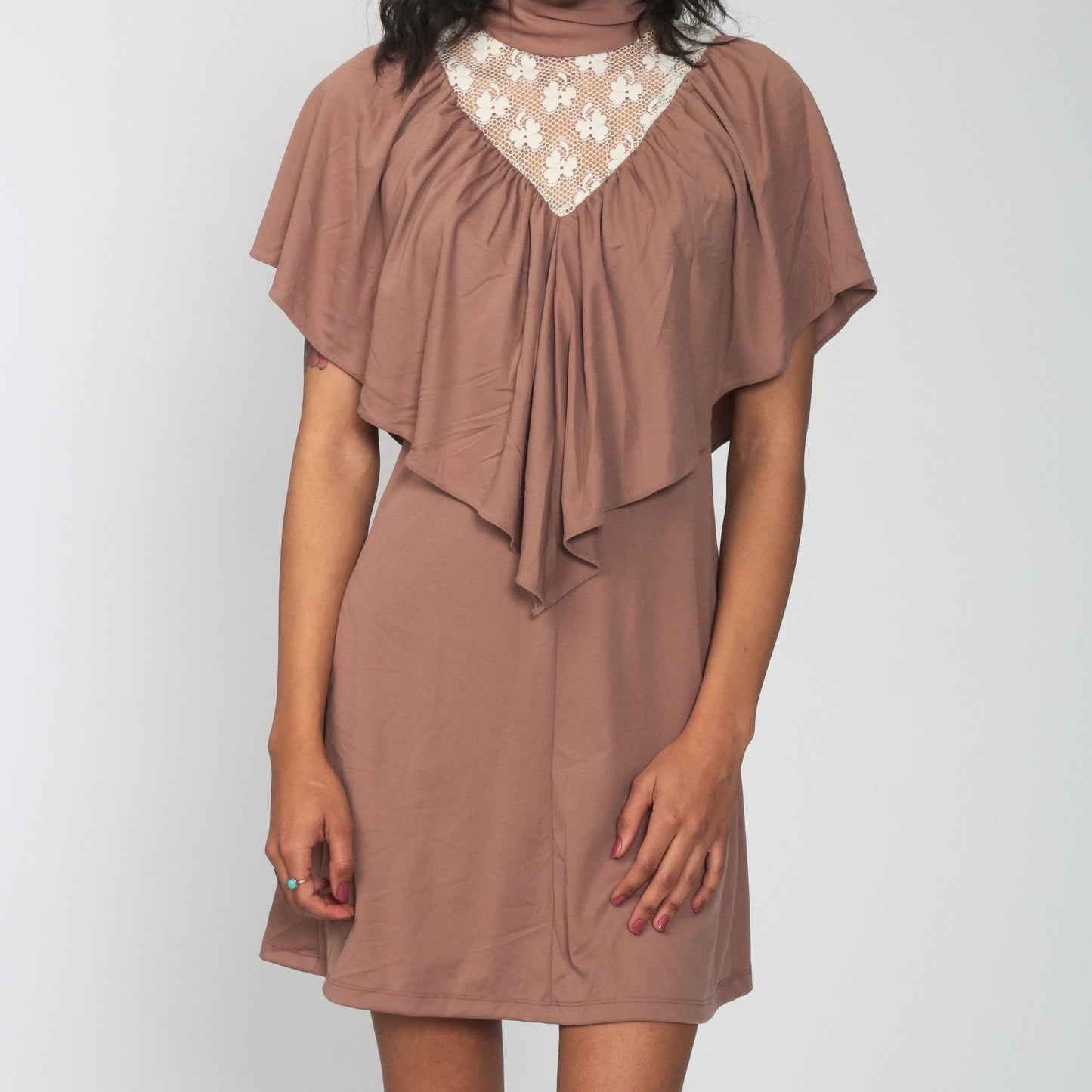 70s Lace Mini Dress with Draped Capelet Mocha High Neck Small