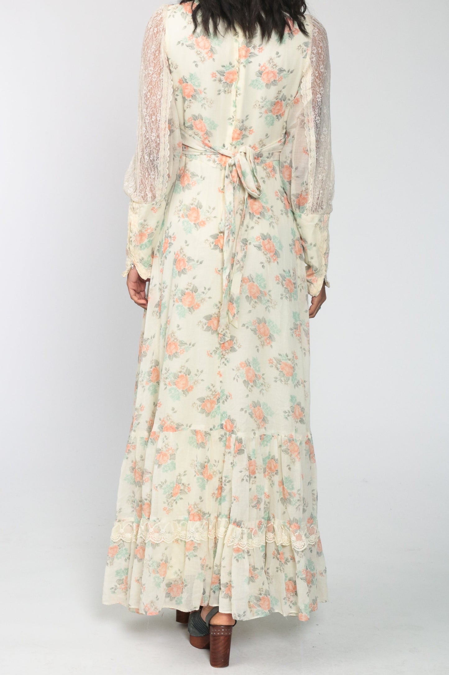 70s Gunne Sax Floral Maxi Dress Lace Sleeves Empire Waist Cream Small